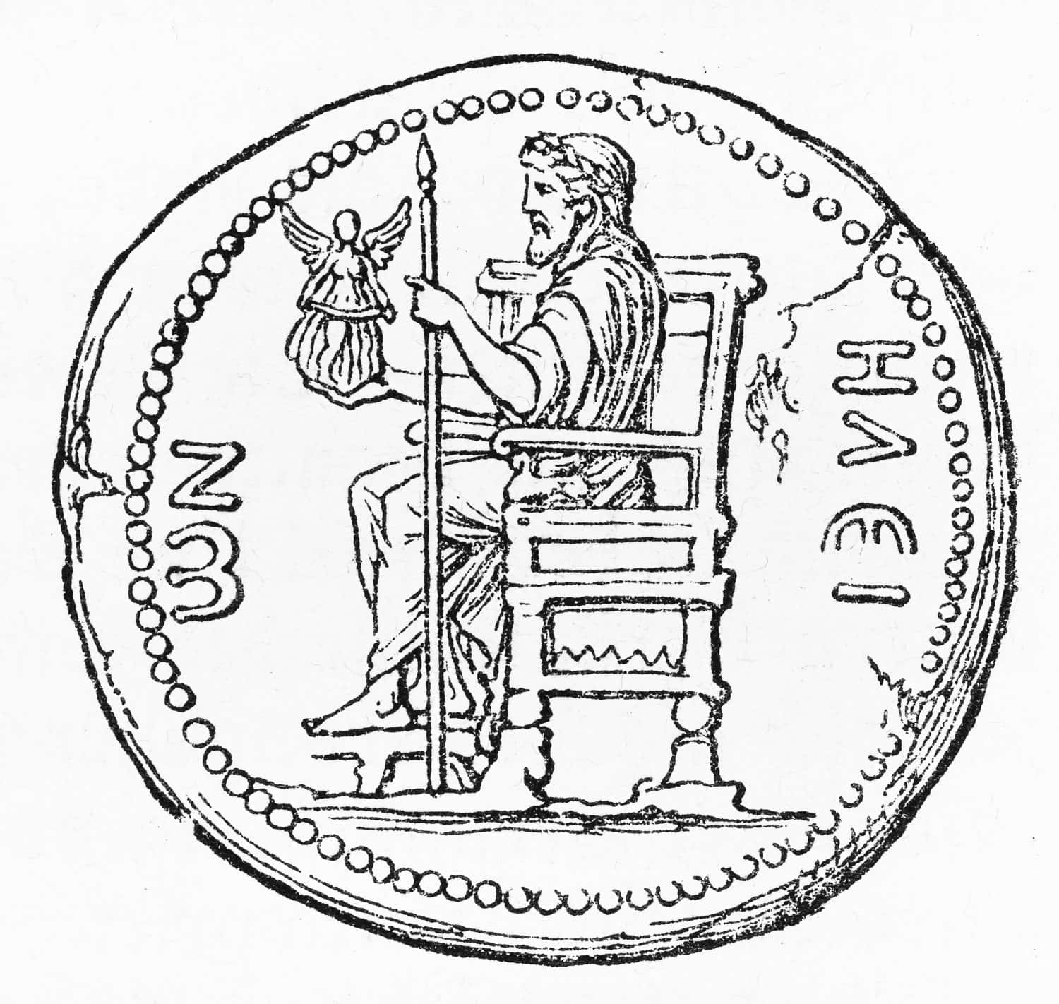 Ancient coin of Roman Emperor Hadrian, representing the statue of Zeus at Olympia - Picture from Meyers Lexicon books collection (written in German language) published in 1908, Germany.