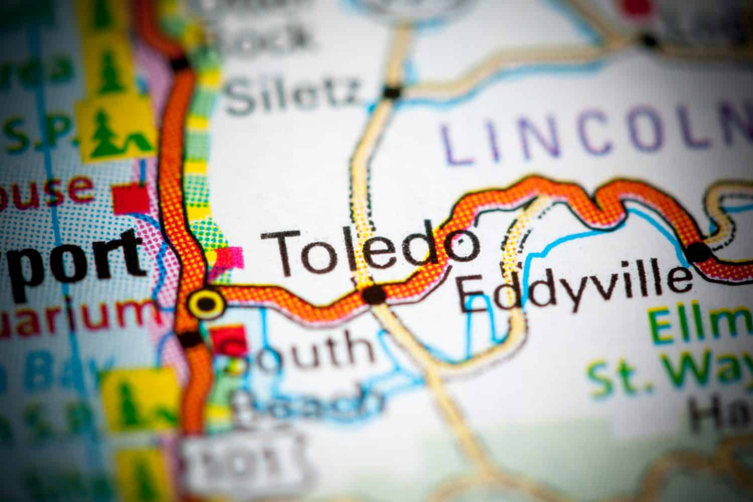 Toledo. Oregon. USA on a map.