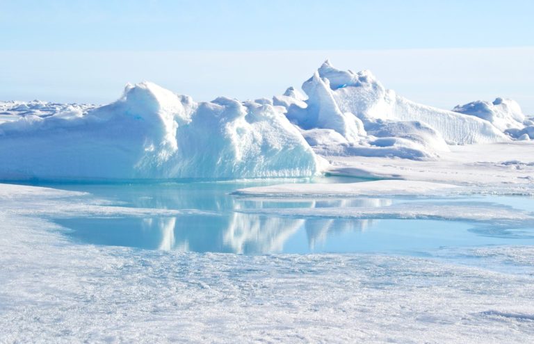 Pressure ridge and melt water at the Geographic North Pole
