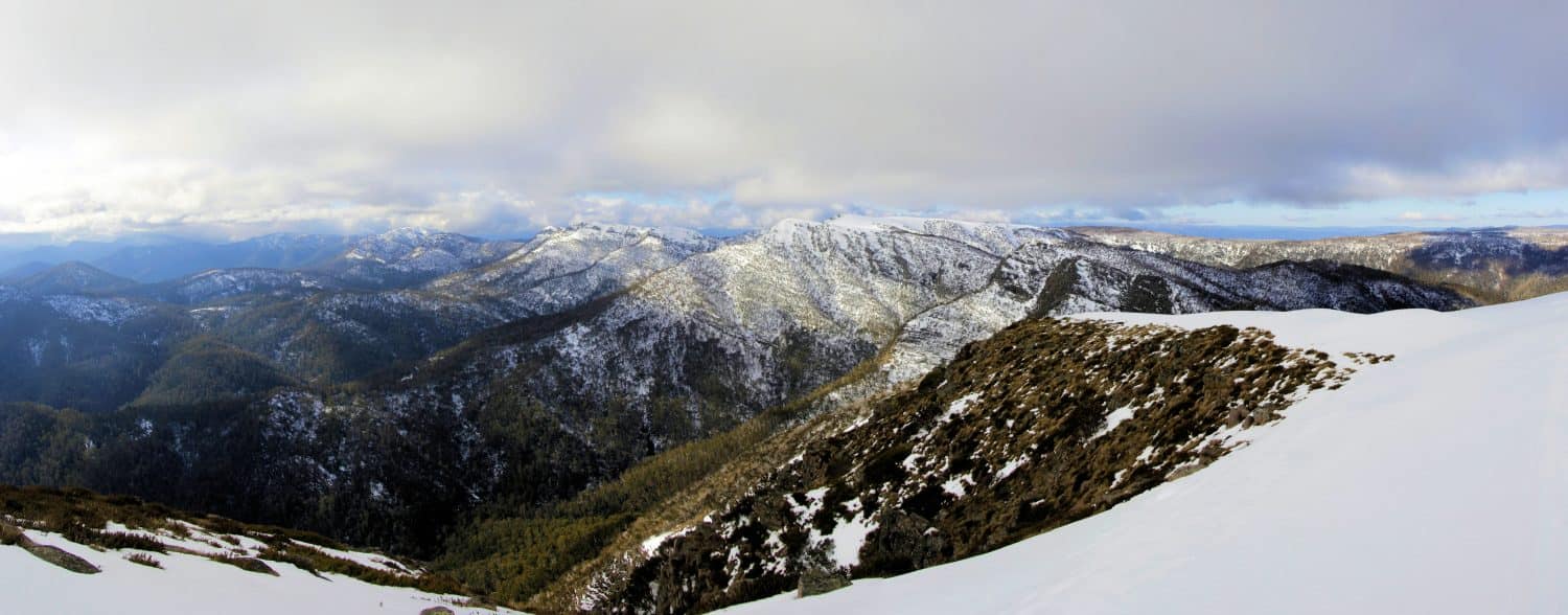 Panorama of Mt Howitt and the Crosscut Saw under snow, Victorian Alps, Austraia