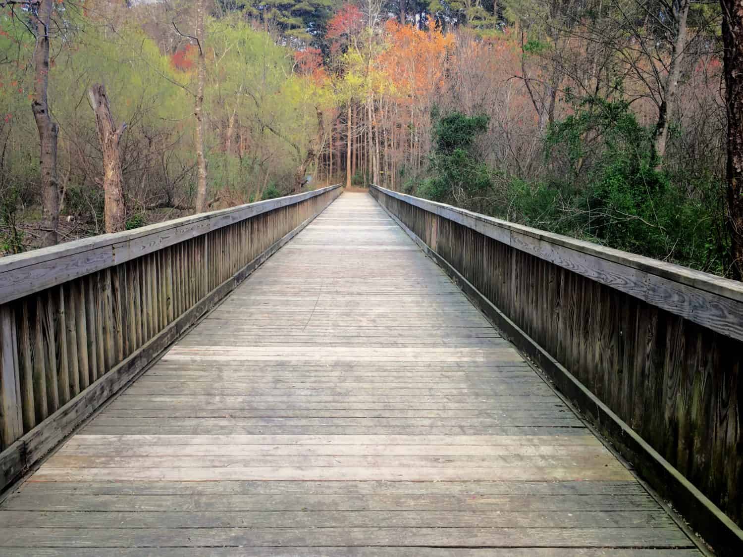Long straight wooden footbridge at Lake Johnson Park in Raleigh North Carolina, Triangle area, Wake County.