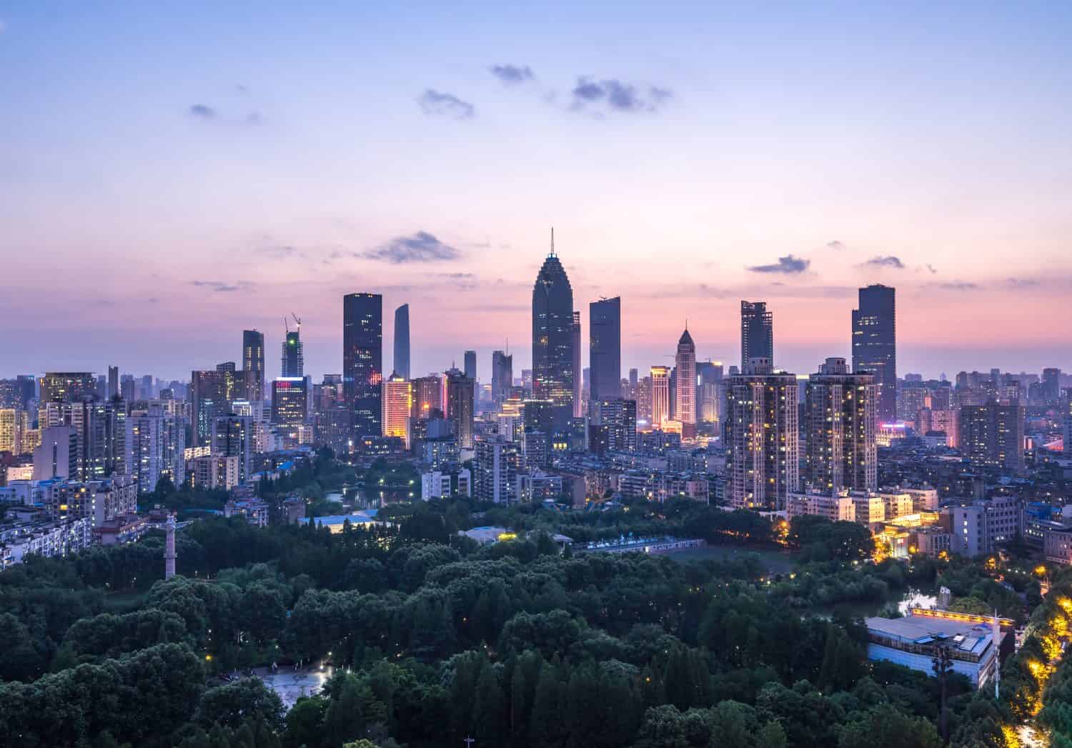 Cityscape of Wuhan city at night.Panoramic skyline and buildings in financial district.
