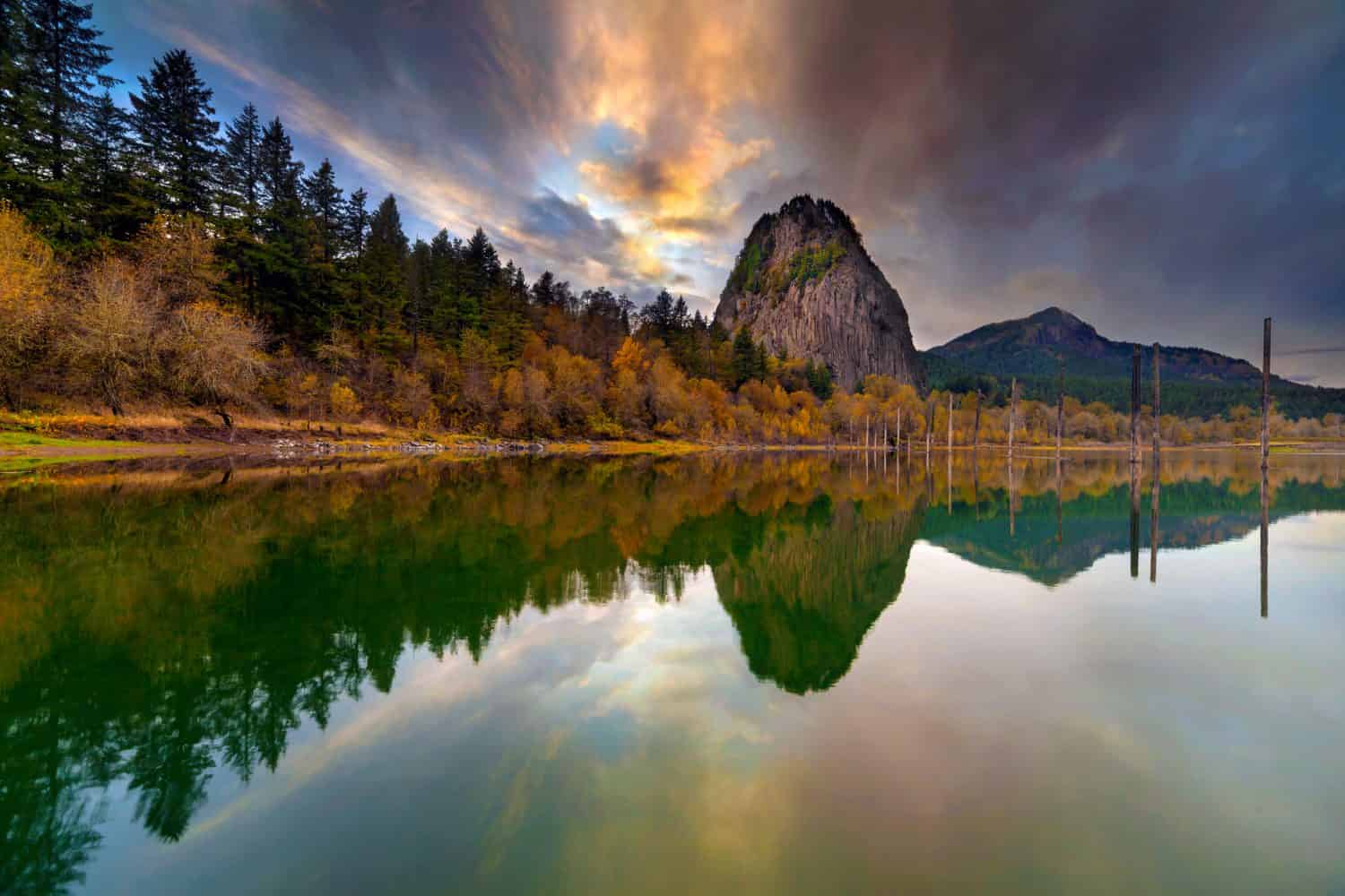 Beacon Rock from Boat Dock Moorage along Columbia River Gorge during Sunset in Washington State