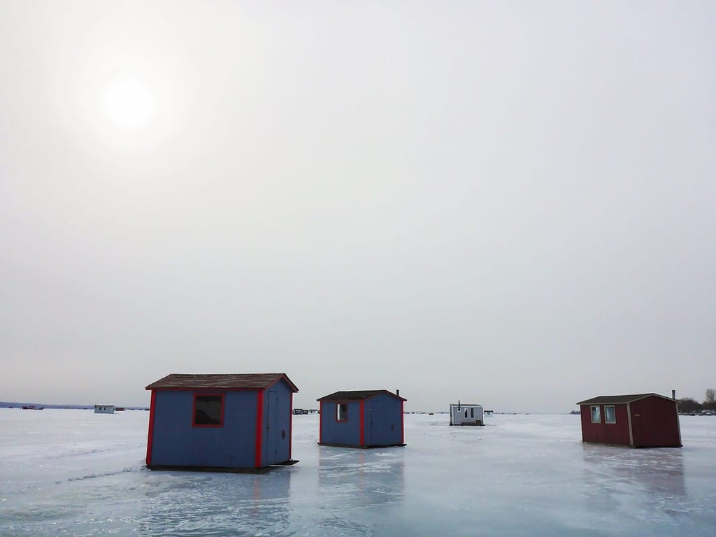 Ice fishing cabins on Lake Champlain