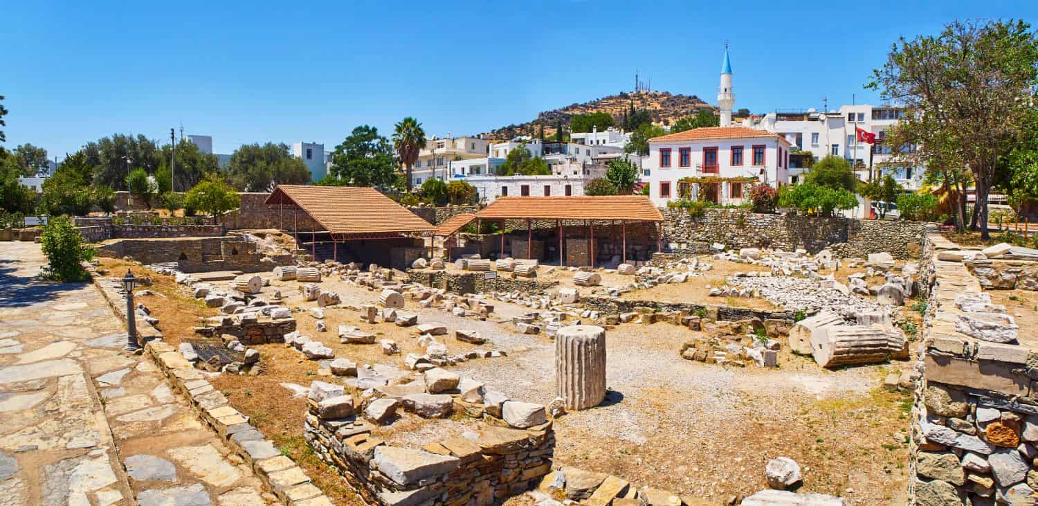 Panoramic view of the ruins of the Mausoleum of Halicarnassus, one of the Seven Wonders of the World. Bodrum, Mugla Province, Turkey.