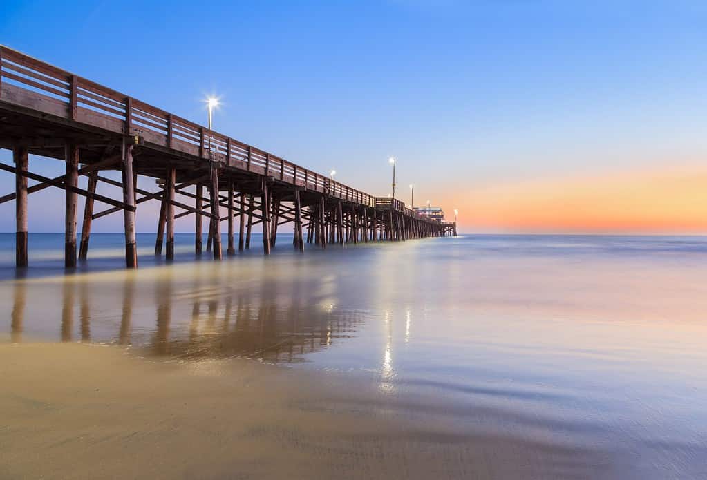 Balboa pier in Newport Beach, California after sunset, USA