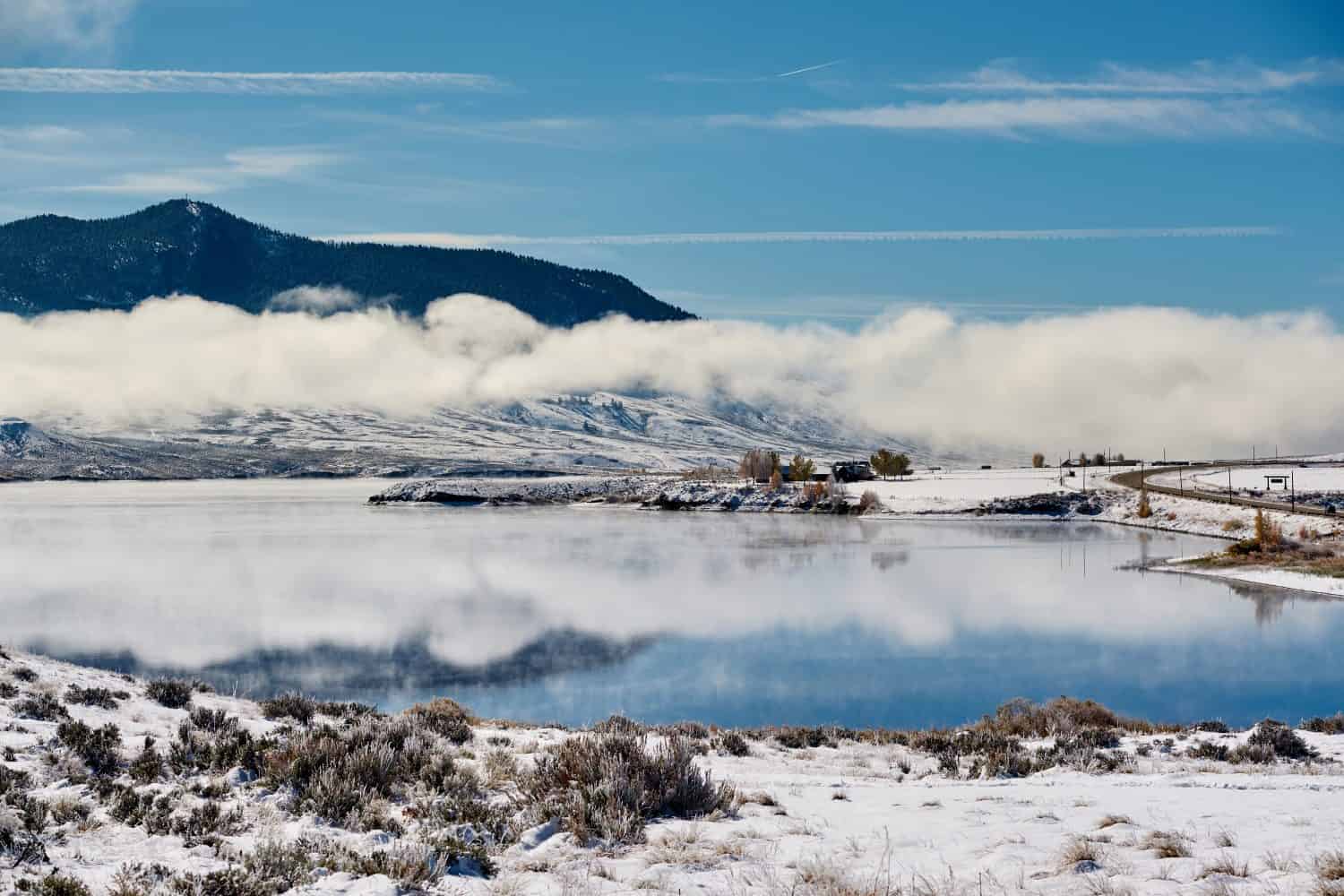 Winter landscape with Wolford Mountain Reservoir in Colorado, USA.