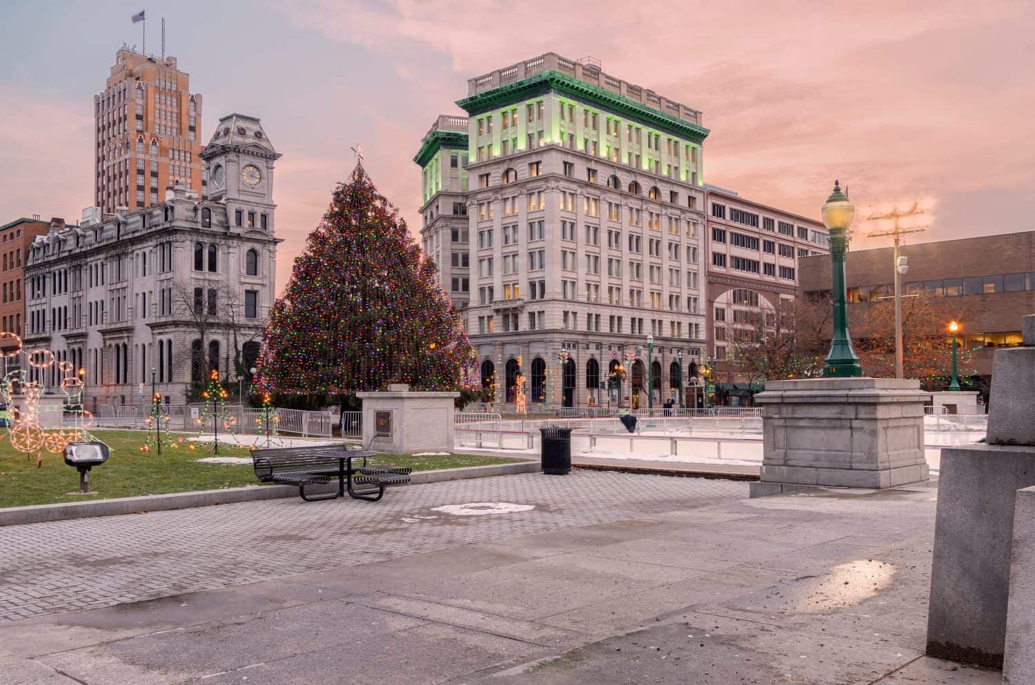A view of Christmas Tree in Foreground in Clinton Square, Downtown Syracuse, New York
