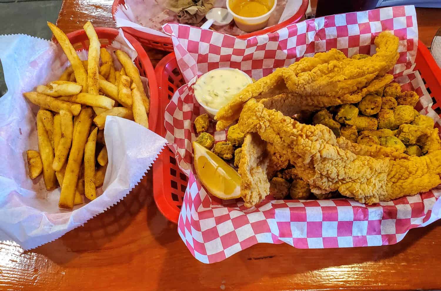 Fried Catfish basket with French fries and fried okra