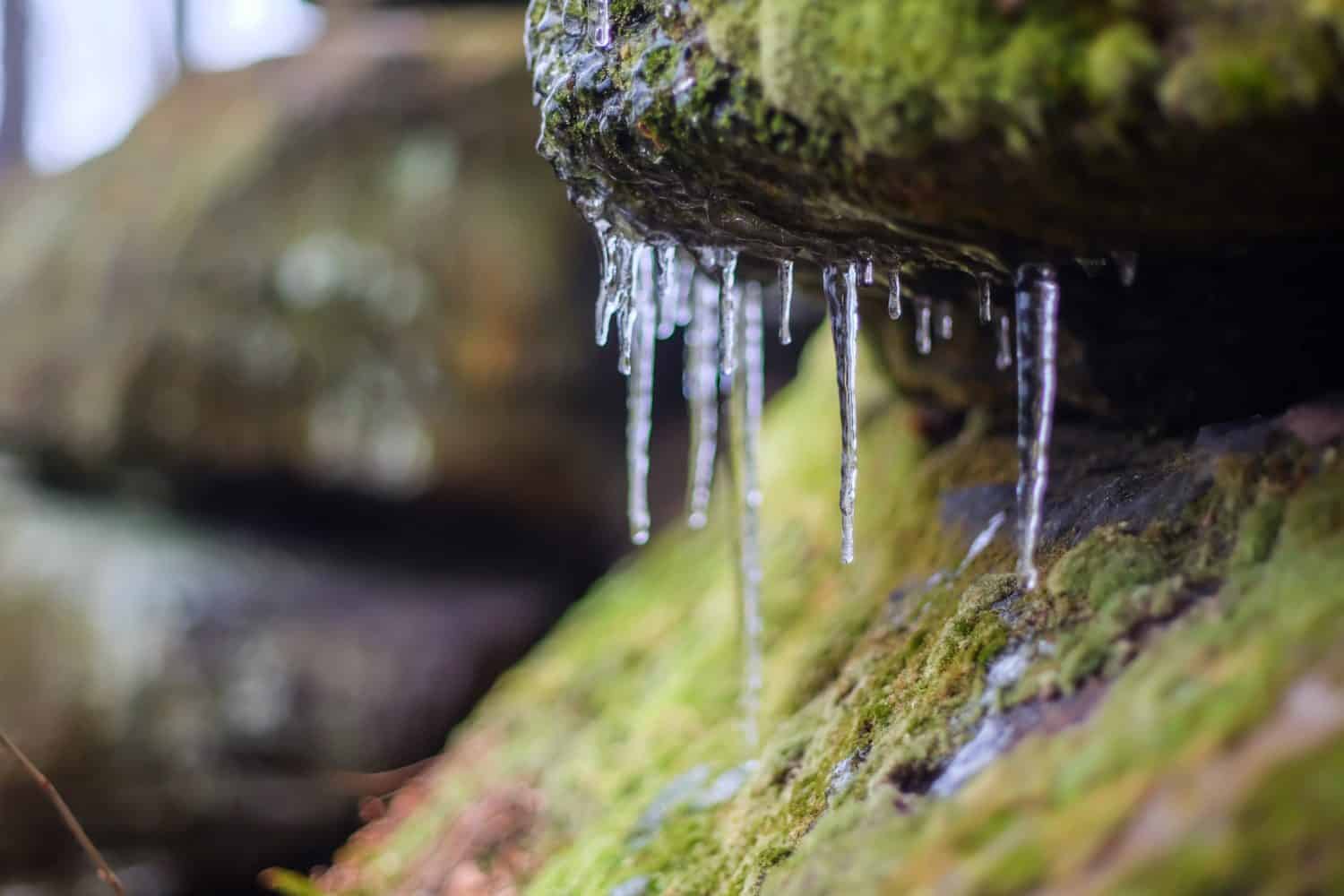 Water drips from icicles at Virginia Kendall Ledges in Cuyahoga Valley National Park, Ohio.