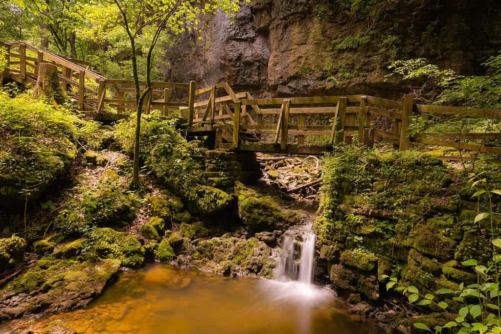 Serene scene of gently cascading water at Clifton Gorge State Nature Preserve in western Ohio.