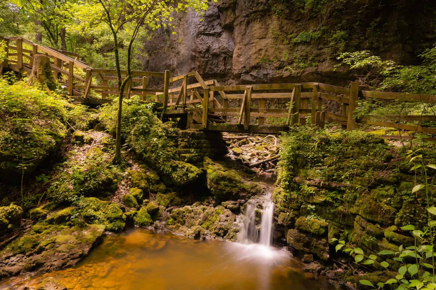 Serene scene of gently cascading water at Clifton Gorge State Nature Preserve in western Ohio. 