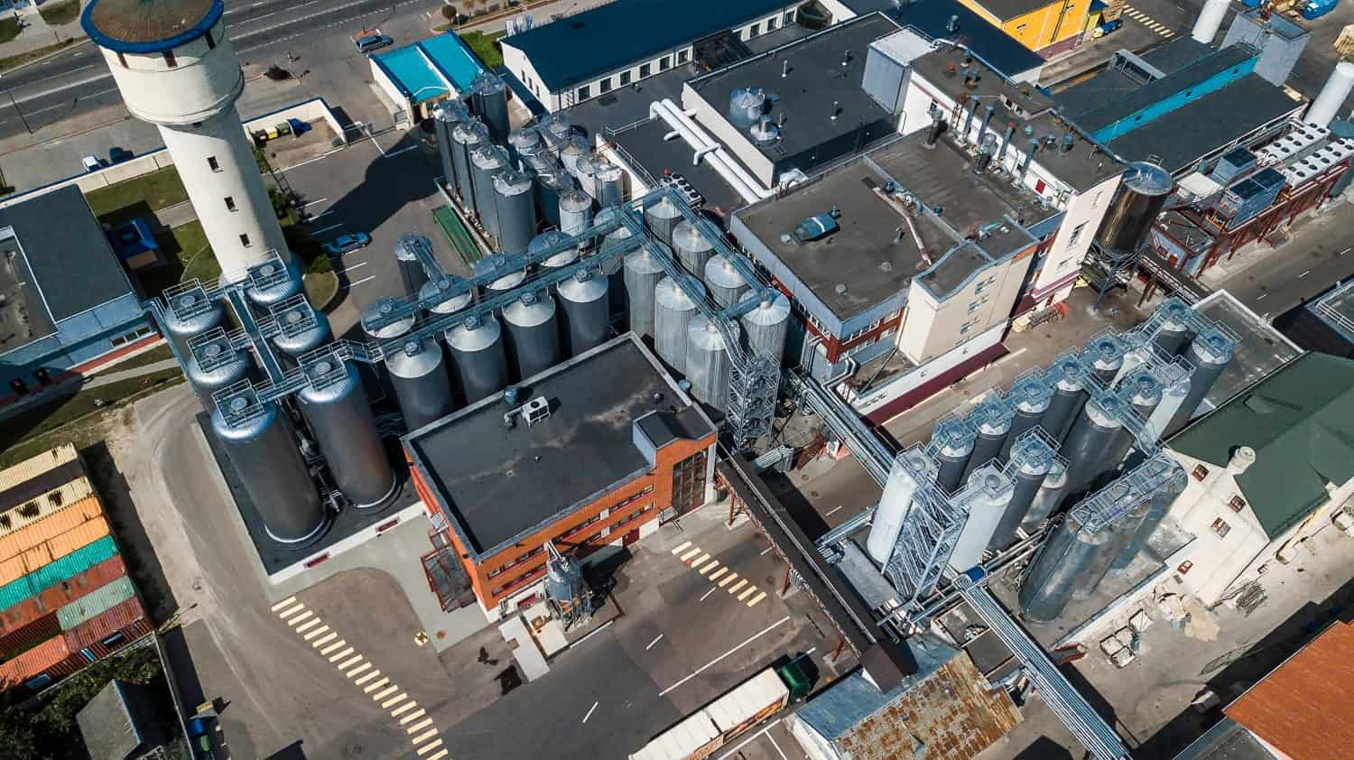 factory for the production of beer top view from the drone