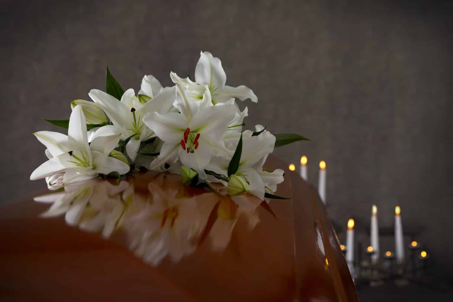 Wooden casket with white lilies in funeral home, closeup