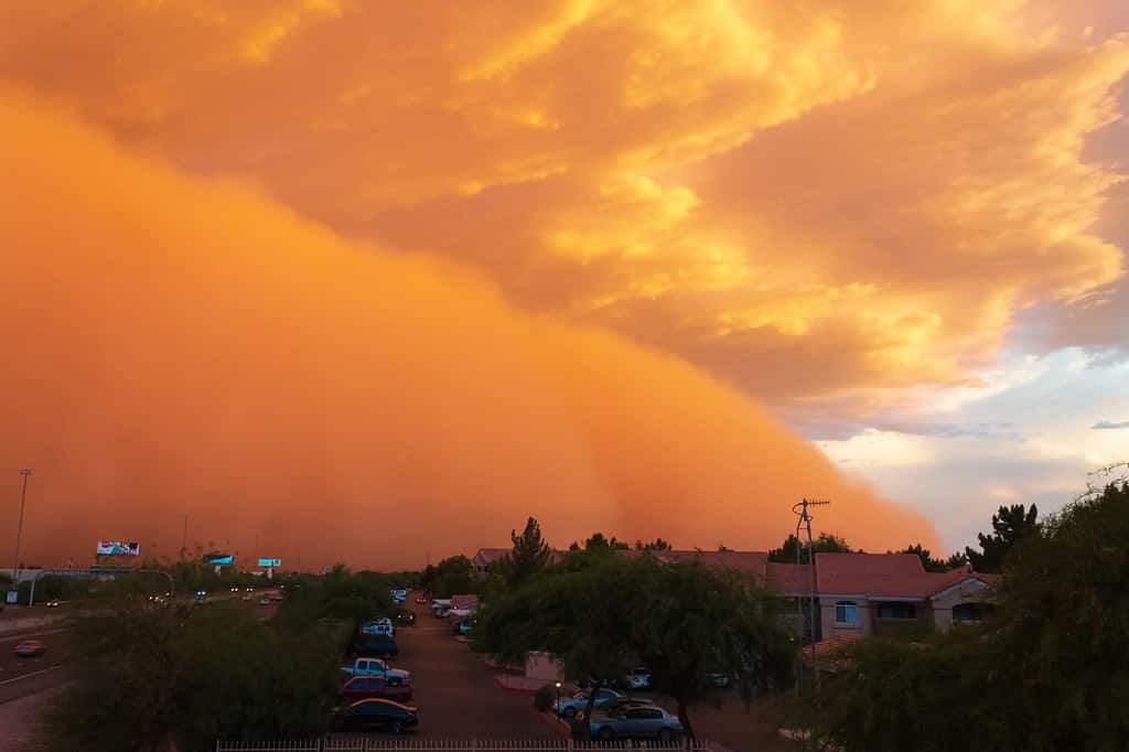 Phoenix, Arizona, USA - July 04, 2014 : A huge, tall dust wall/storm covering the sky during sunset.
