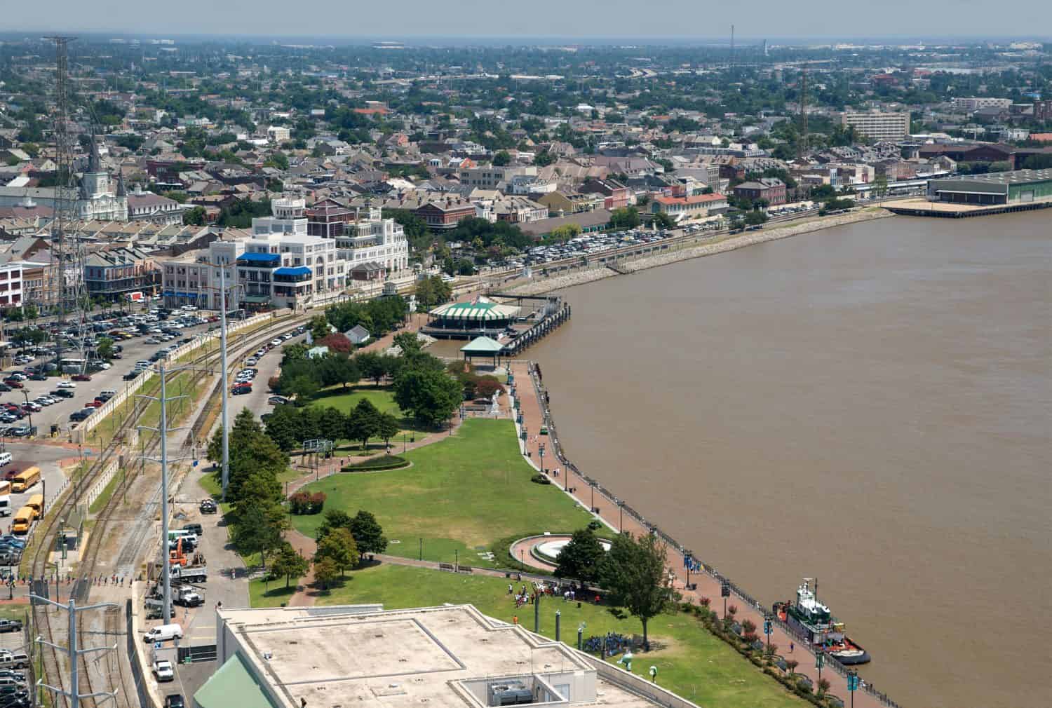New Orleans riverfront toward the French Quarter, as seen from the World Trade Center