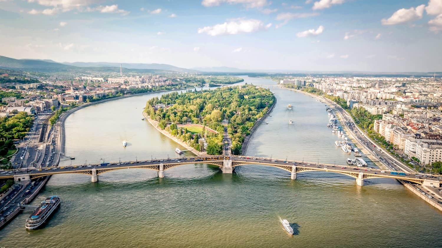Aerial photo shows the Margaret Island and the Margaret Bridge in Budapest, Hungary