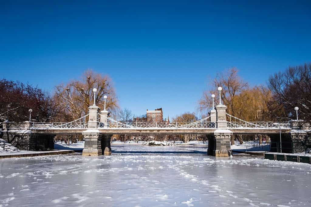 Winter in Boston, snow and sunny day, bridge in common park. Typical massachusets weather in winter