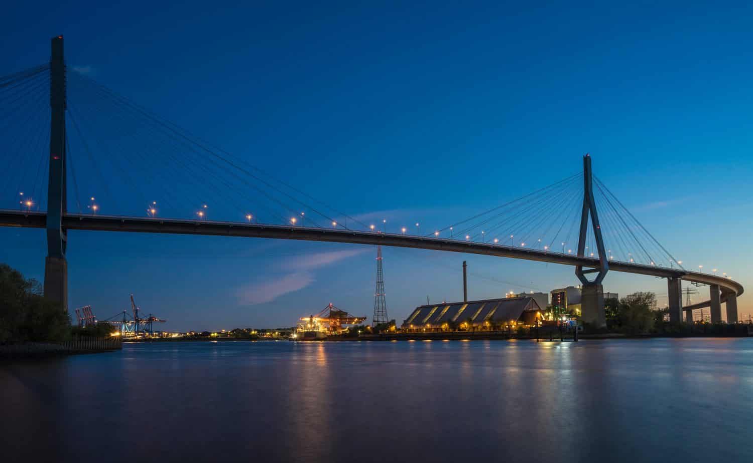 Steel cable suspension bridge in the harbor of Hamburg.