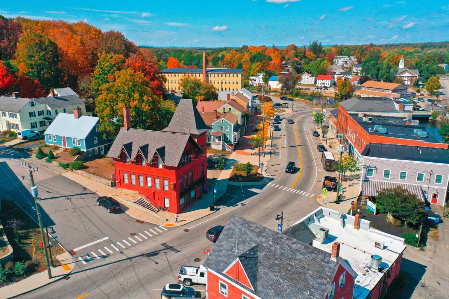 Aerial Drone Photography Of Downtown Somersworth, NH (New Hampshire) During The Fall Foliage Season