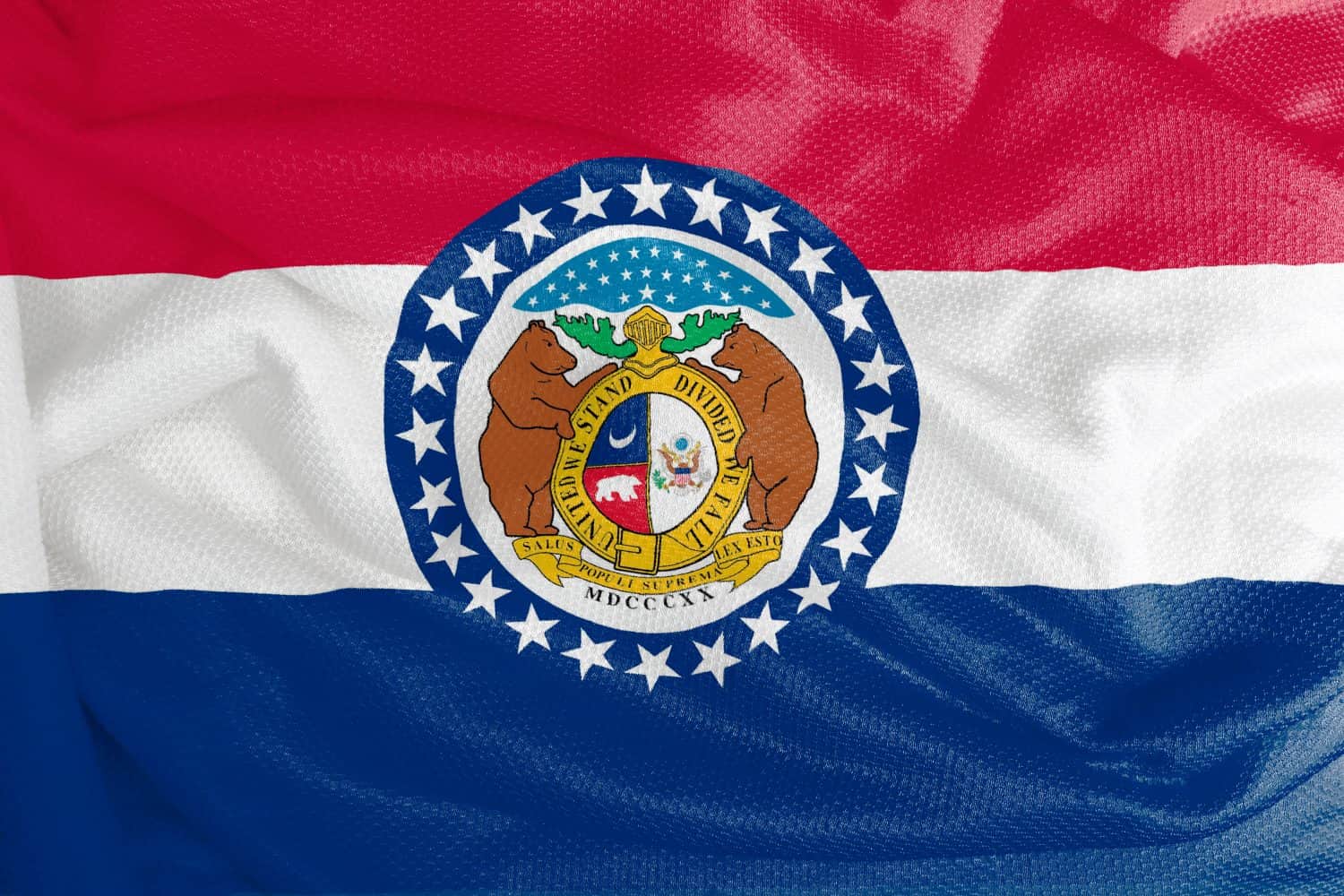 The Missouri flag is a flag with a tricolor in the colors (from above) red, white and blue; in the middle of the flag is the seal of Missouri surrounded by 24 stars. 