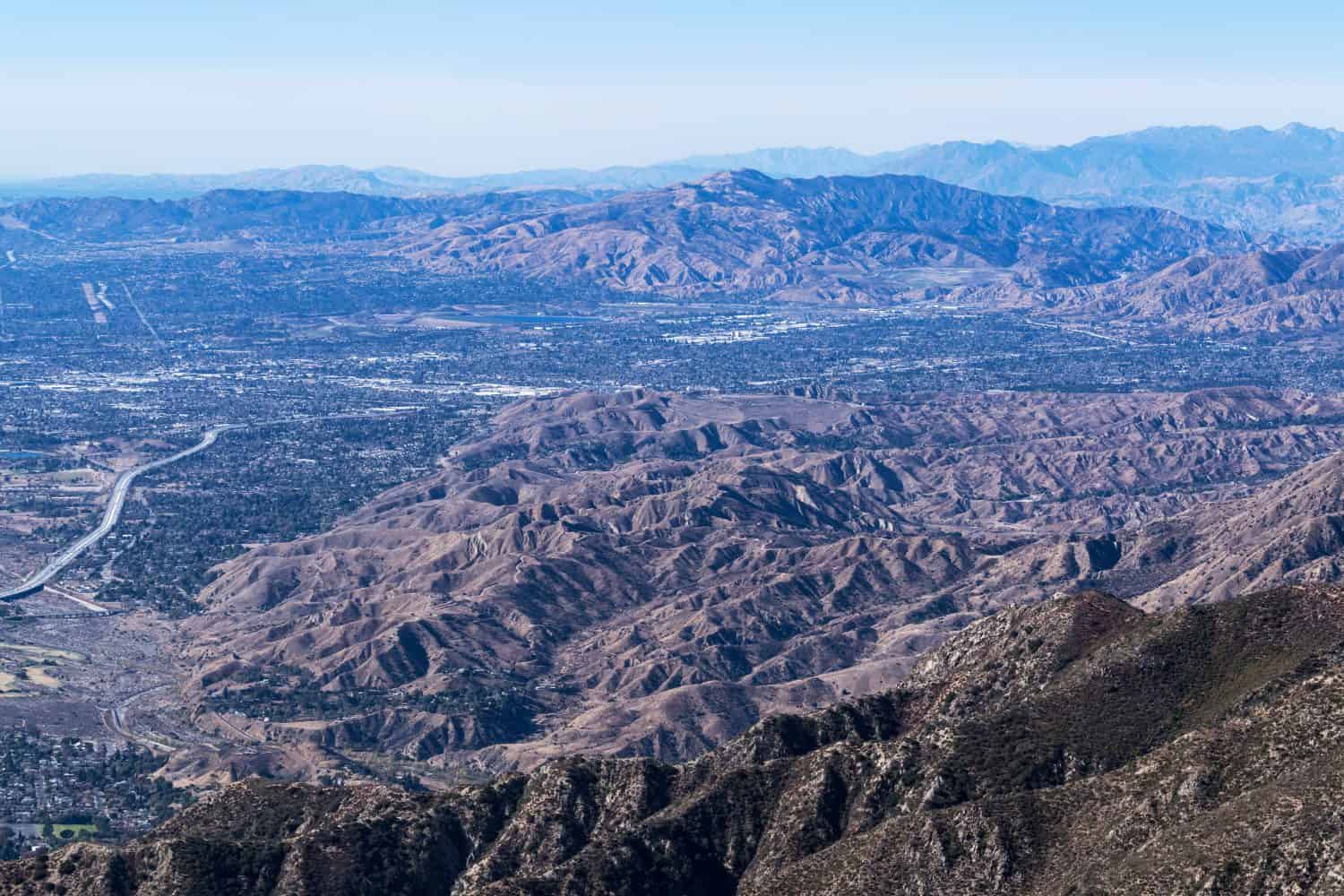 Aerial view towards Sylmar and Pacoima in the San Fernando Valley area of Los Angeles California.  