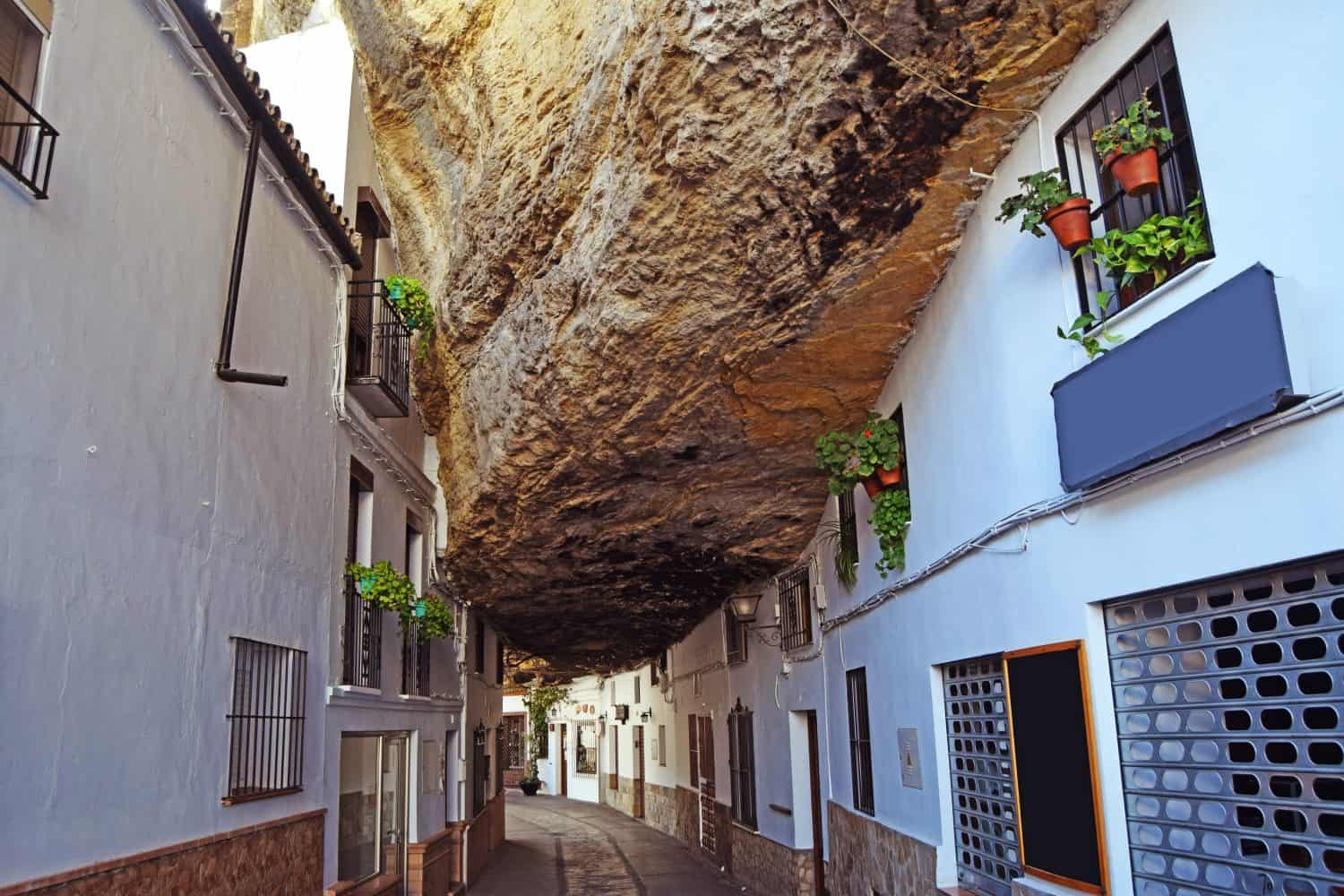 Curious and surprising street of Setenil de las Bodegas, where their houses are under a large giant rock, Cadiz, Andalusia, Spain