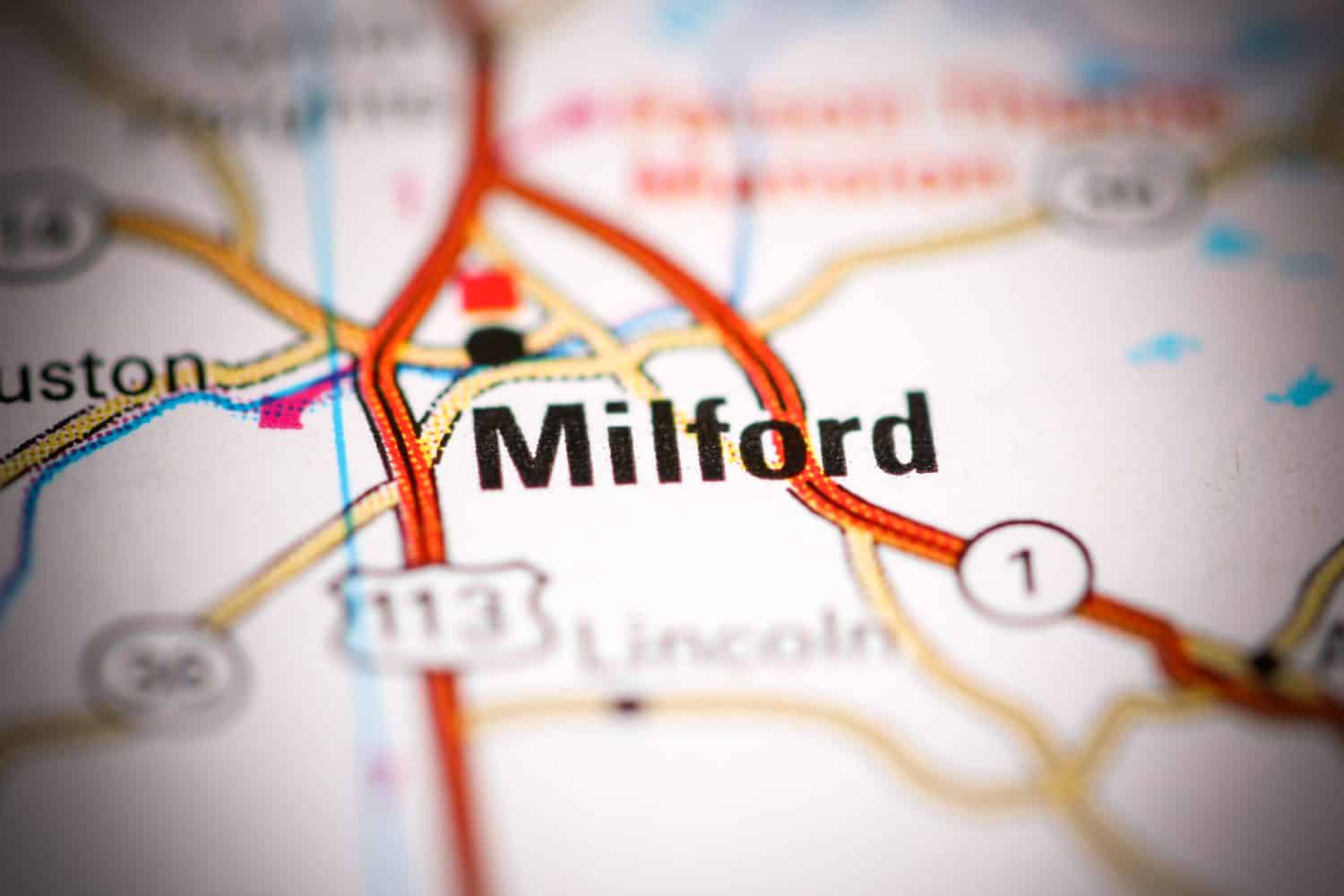 Milford. Delaware. USA on a geography map