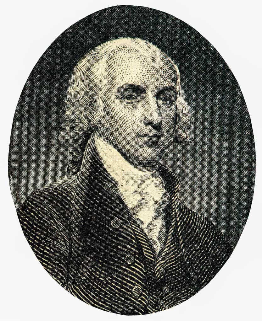 James Madison (1751-1836) who served as the 4th President of the United States. Portrait from James Madison on United States of America Dollars Banknotes. was a founding father of the United States