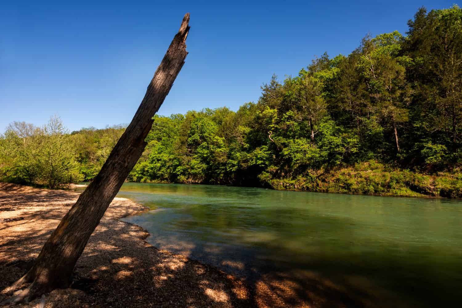 The Current River runs through a wilderness area in the Ozarks north of Eminence, Missouri, USA, on May 12, 2021.