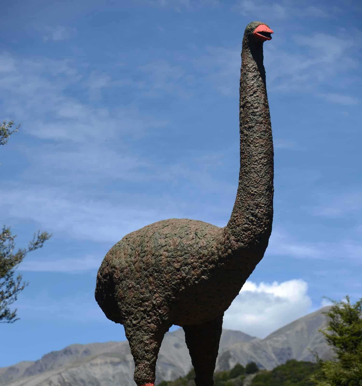 The iconic moa statue at Bealey, New Zealand, welcomes visitors to the West Coast of the South Island. The statue was erected in memory of a recent sighting of the supposedly extinct moa.