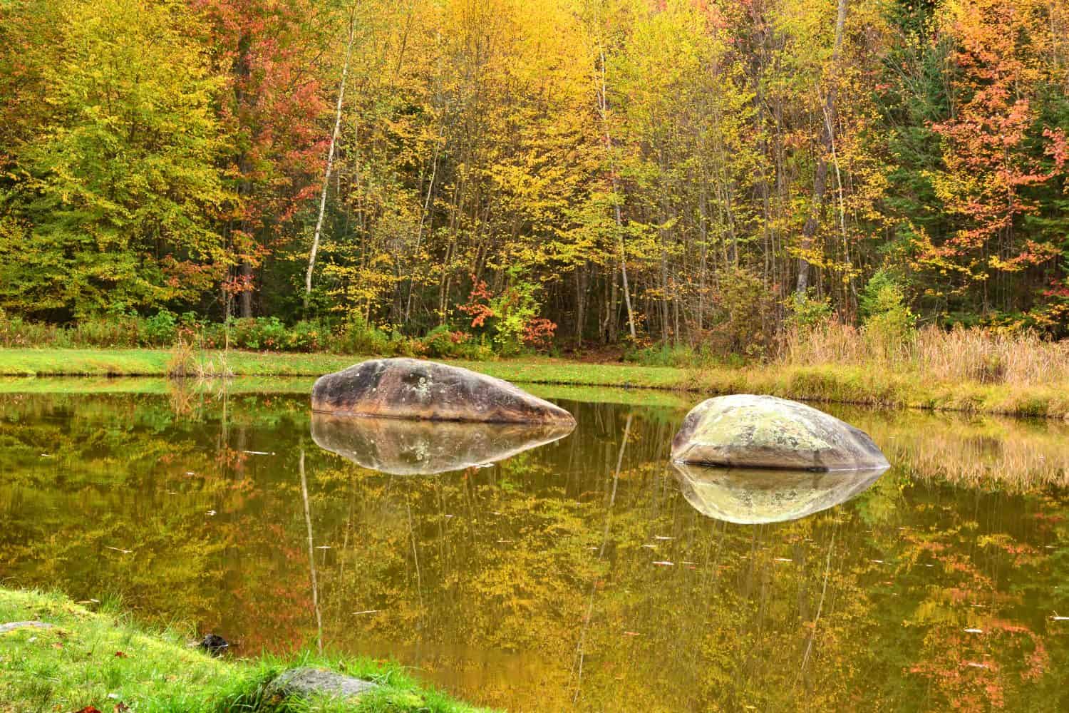 Reflections of large boulders and colorful autumn leaves on picturesque wildlife pond in Bretzfelder Memorial Park, Bethlehem, New Hampshire.