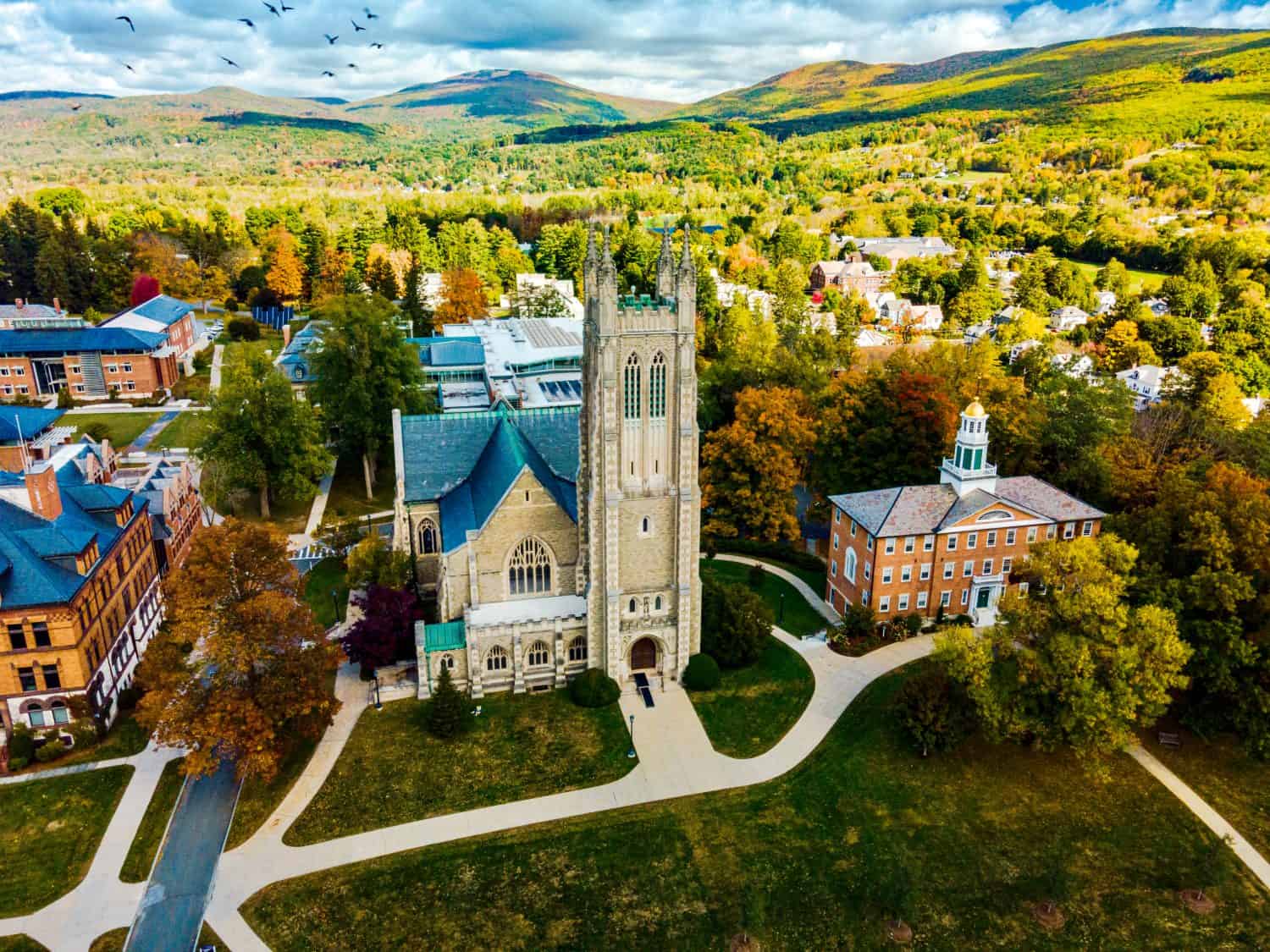 Aerial scenic shot of a Cathedral by Williams College in Massachusetts.