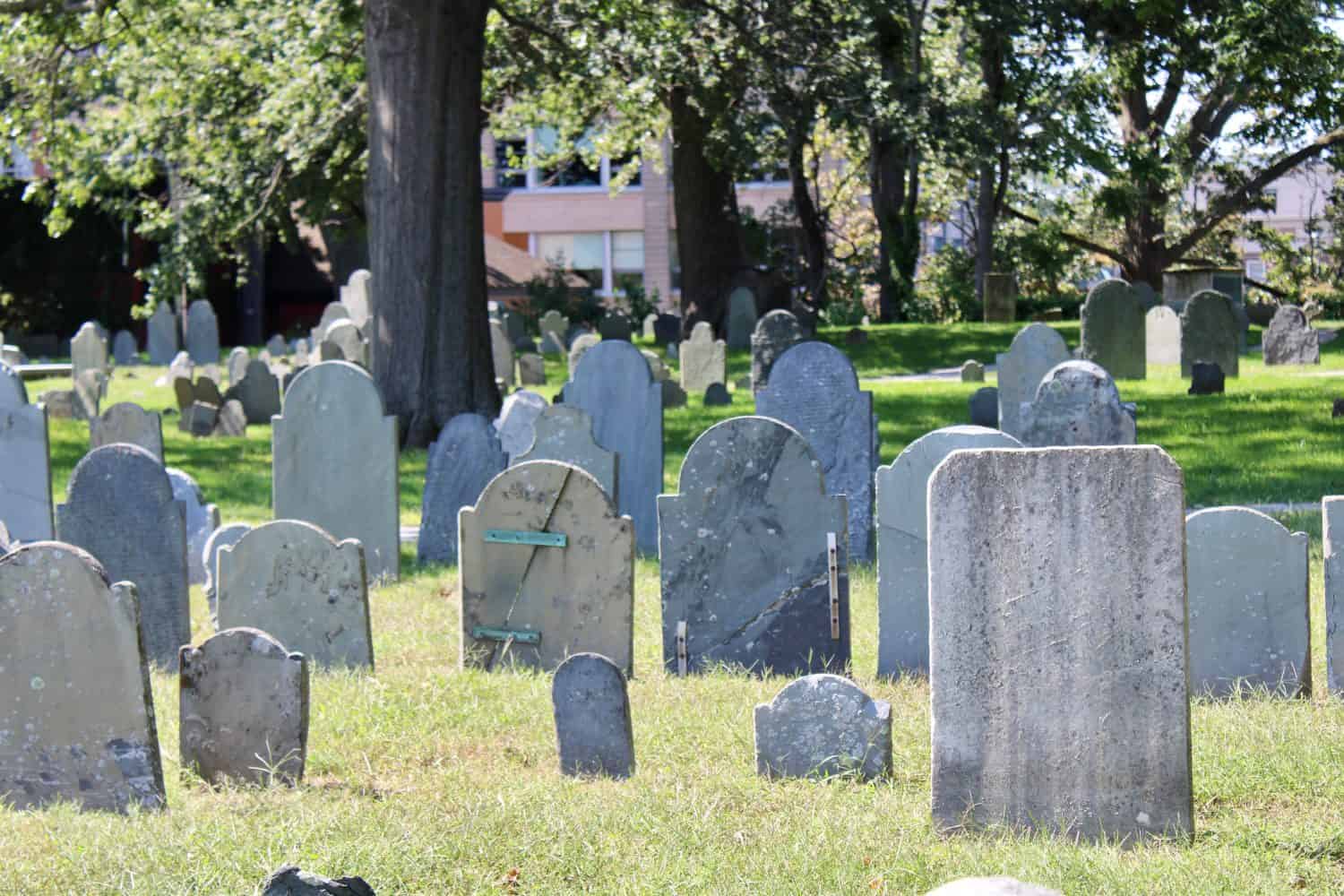 Historic headstones that are so old that they do not have recognizable engravings. These historical graves date back to 1637 and have many direct relations to the Salem Witch Trials.