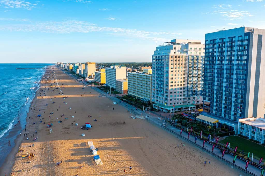 Aerial view of the Virginia Beach oceanfront looking south at sunset