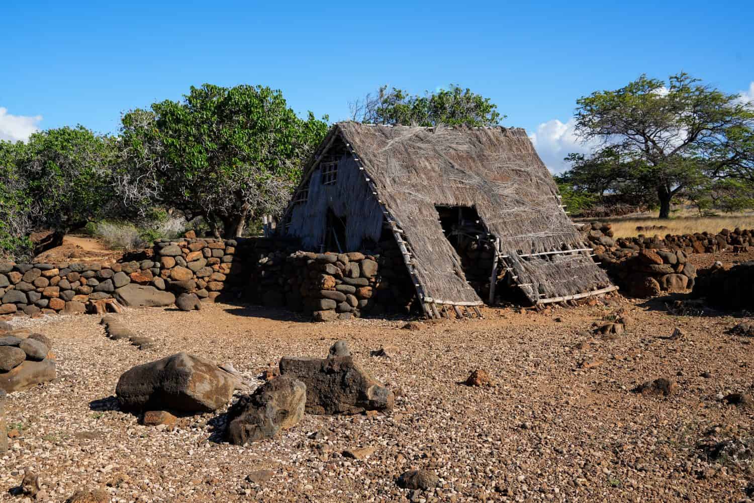 Rebuilt Hawaiian Hale in the ancient fishing village in ruins of the Lapakahi State Historical Park on the island of Hawai'i (Big Island) in the United States - Traditional Polynesian house