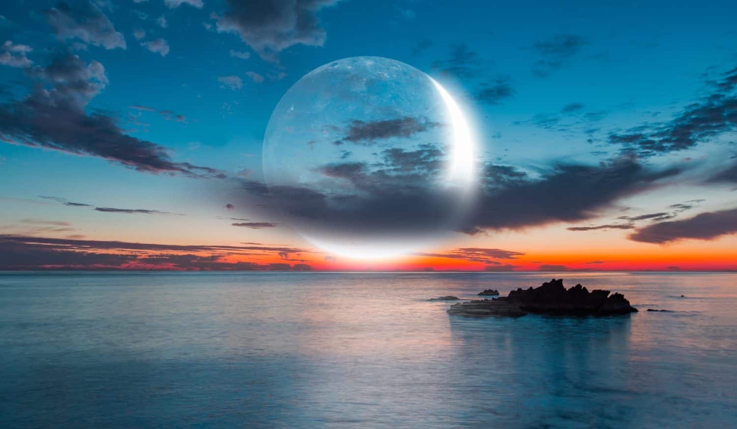 Abstract background with Crescent moon over the sea at sunset