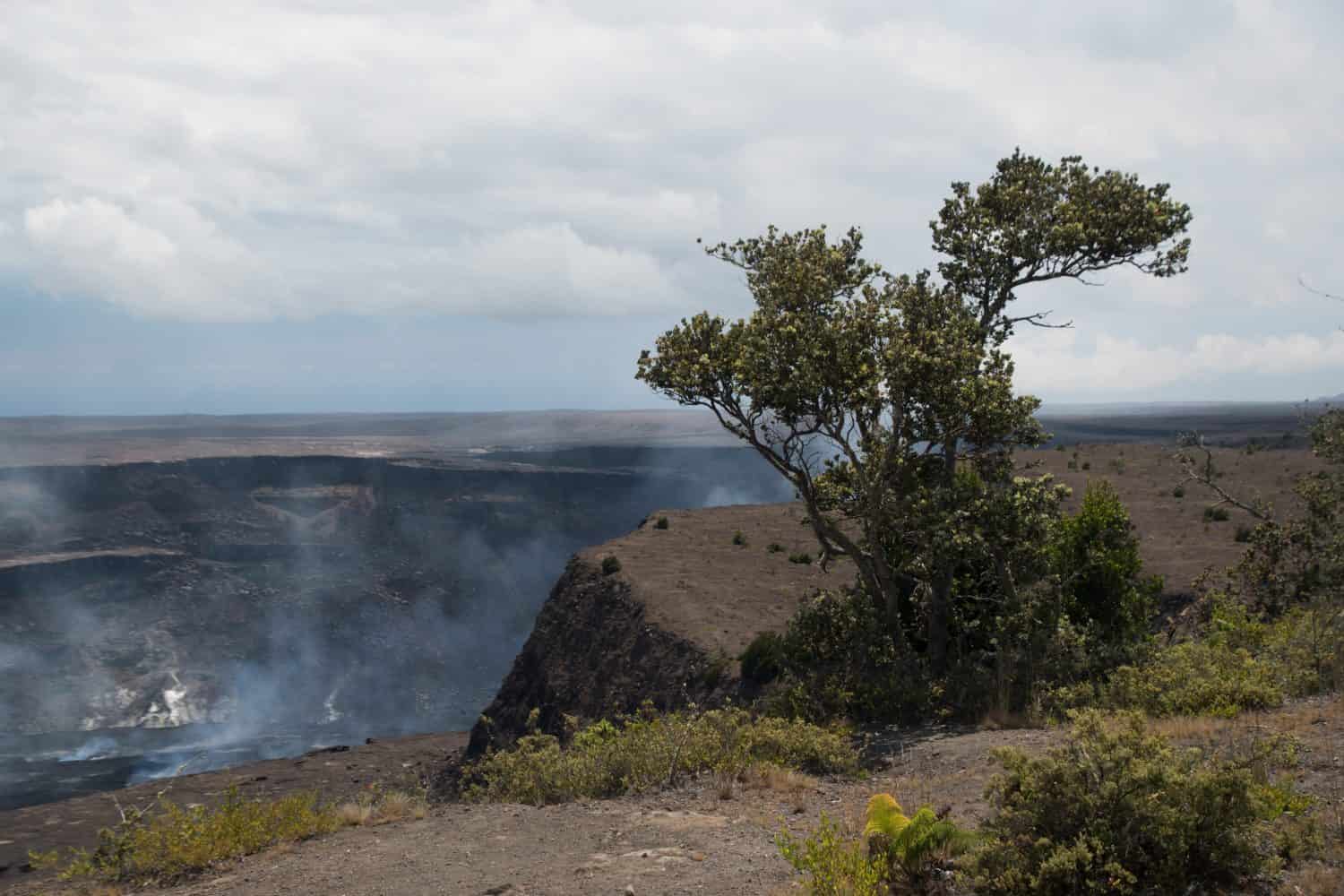 Looking at Kīlauea crater while hiking on Kau Desert Trail, Big Island, Hawaii