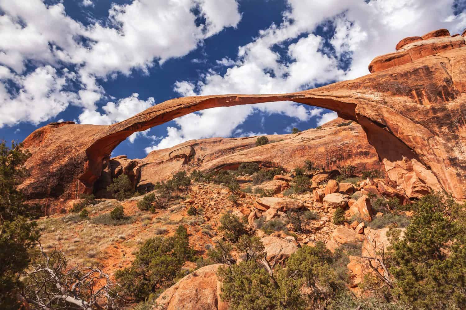 Landscape Arch Blue Sky Rock Canyon Devils Garden Arches National Park Moab Utah USA Southwest. Longest and thinnest arch in the world.