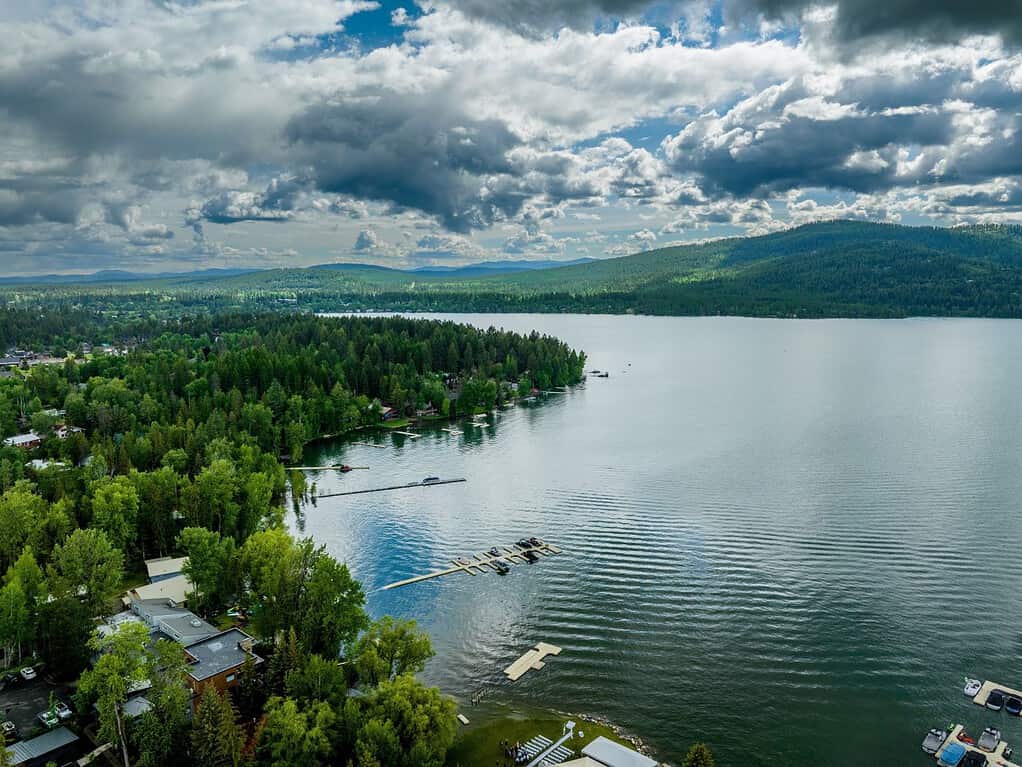 Drone view of Whitefish lake in Montana