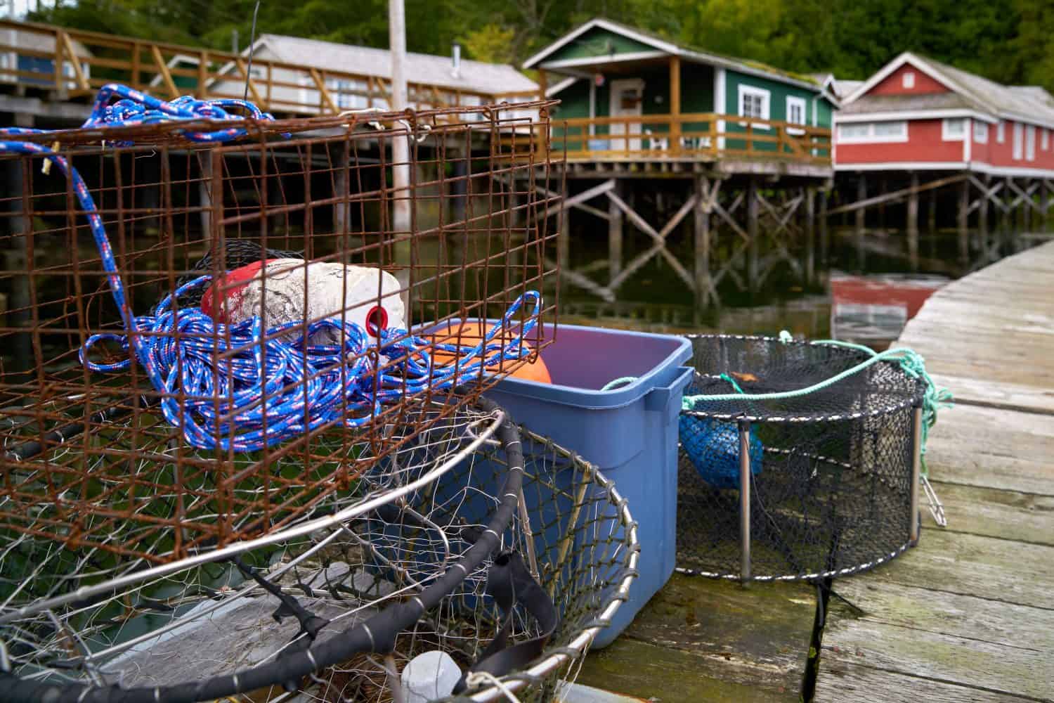 Crab Pots on the Telegraph Cove Marina Dock. Crab pots on the Telegraph Cove marina dock. Historic boardwalk in the background.