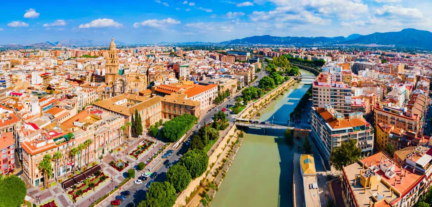 Murcia city centre and Segura river aerial panoramic view. Murcia is a city in south eastern Spain.