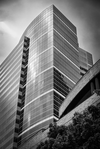 Black and white photo of the Fox Tower in Portland Oregon