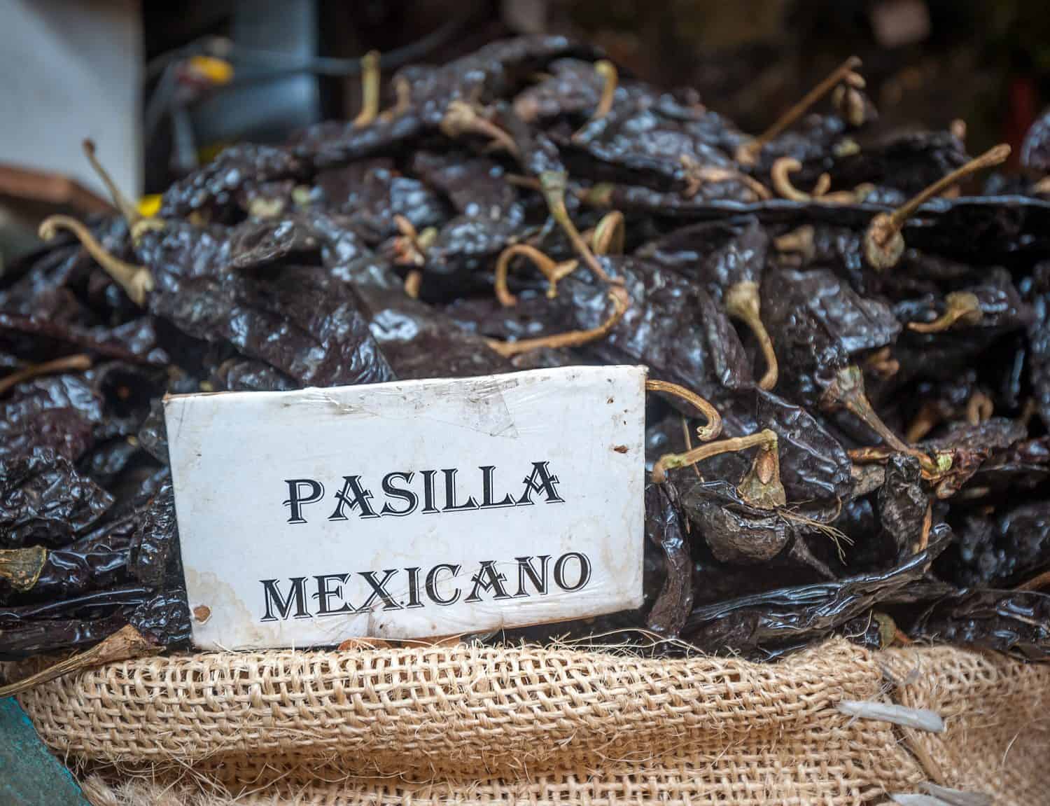Pasilla chili in Oaxaca market, Mexico 