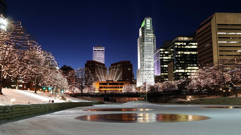Downtown Omaha shines with the holidays lights.