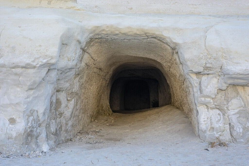 One of the many entrances to the mining tunnels at Sarakiniko in Melos, Greece.