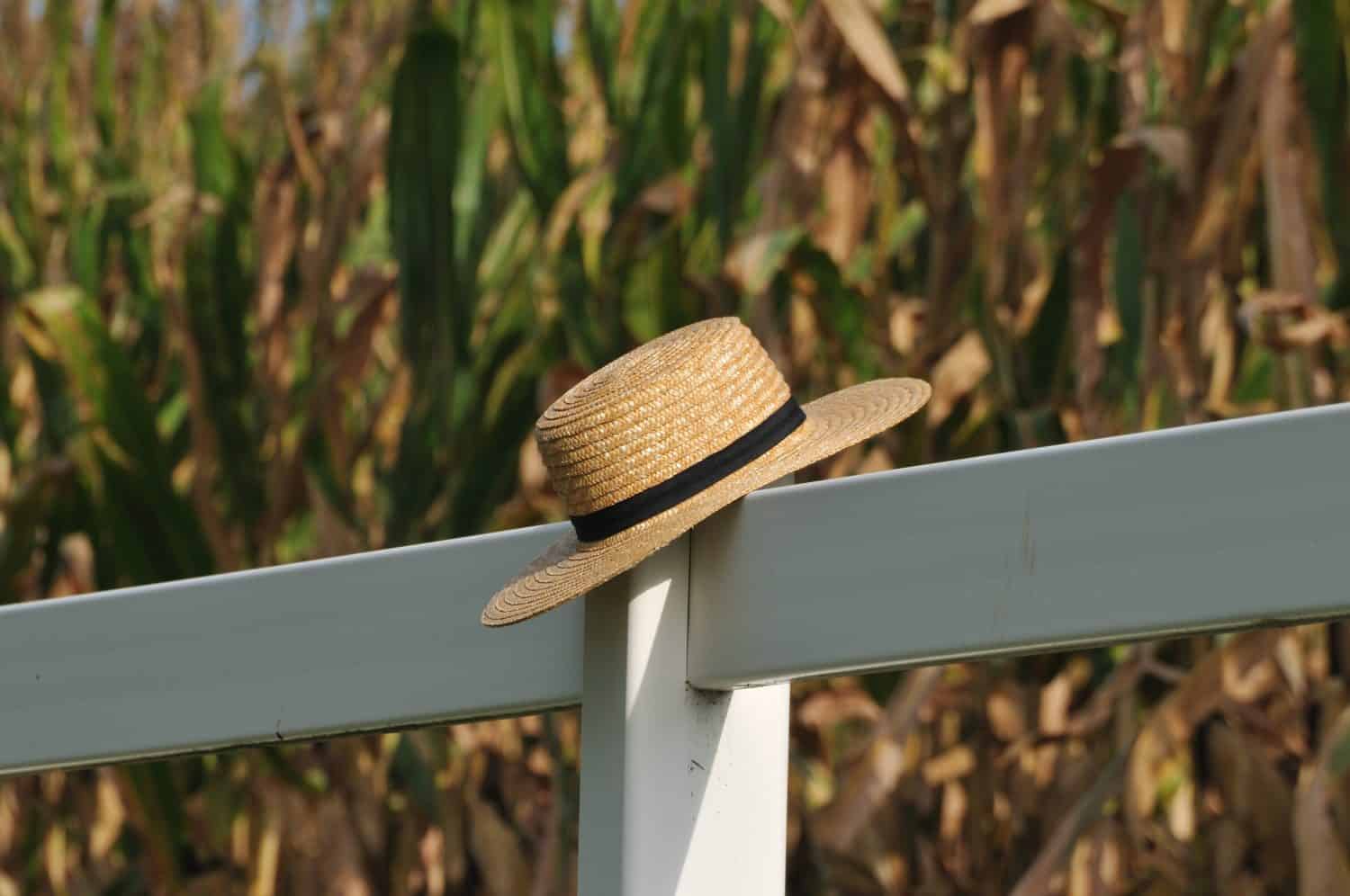 Closeup of Pennsylvania dutch Amish hat laying over white fence post with corn field behind
