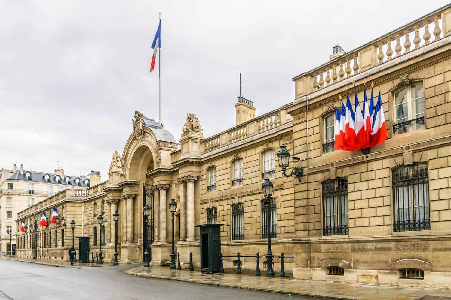 View of entrance gate of the Elysee Palace from the Rue du Faubourg Saint-Honore. Elysee Palace - official residence of President of French Republic since 1848.