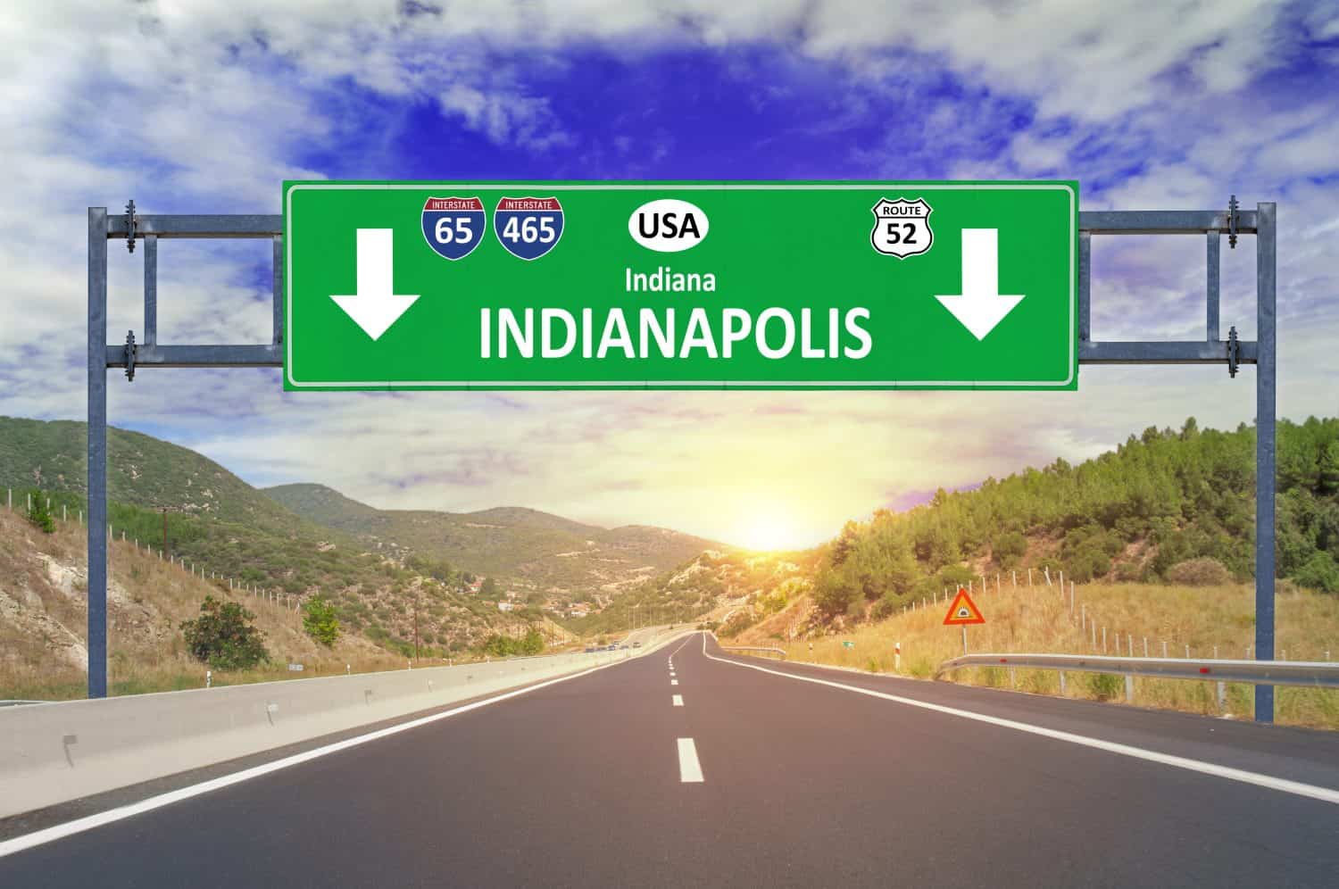 US city Indianapolis road sign on highway