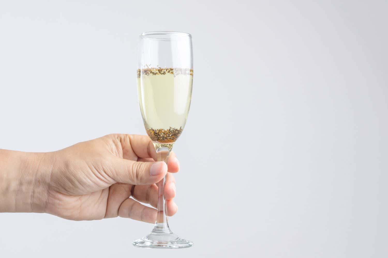 Hand holding glass of champagne with pest or insect on white background